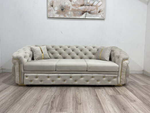Canapea extensibilă 3 locuri din catifea și inserții aurii, crem – model DIVA