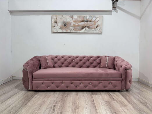 Canapea extensibilă 3 locuri cu nasturi din sticlă și inserții argintii, roz pudră &ndash; model DIVA