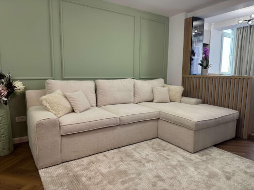 Colțar fix 4 locuri, 300 x 170 cm din stofă pufoasă, bej – model ALMA