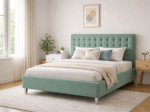 Pat tapițat cu somiera rabatabilă, tapițerie mint - model IRIS