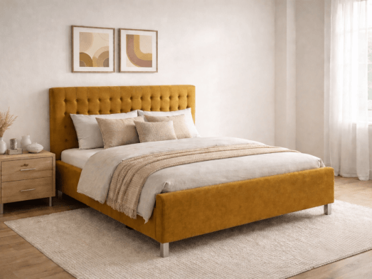 Pat tapițat cu somiera rabatabilă, tapițerie muștar - model IRIS