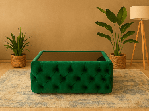 Măsuță tapițată living din catifea, verde smarald - model Chesterfield