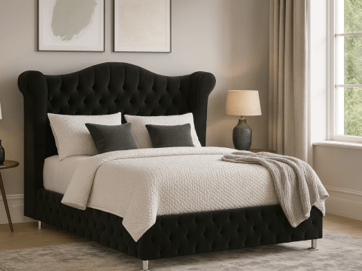 Pat tapițat negru cu somieră rabatabilă - model GLAMOUR