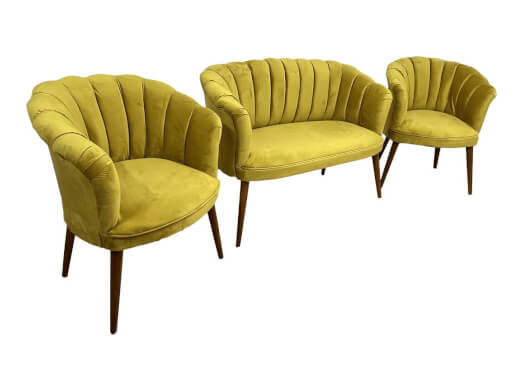 Set canapea cu 2 fotolii, tip scoică, galben - model DE LUXE
